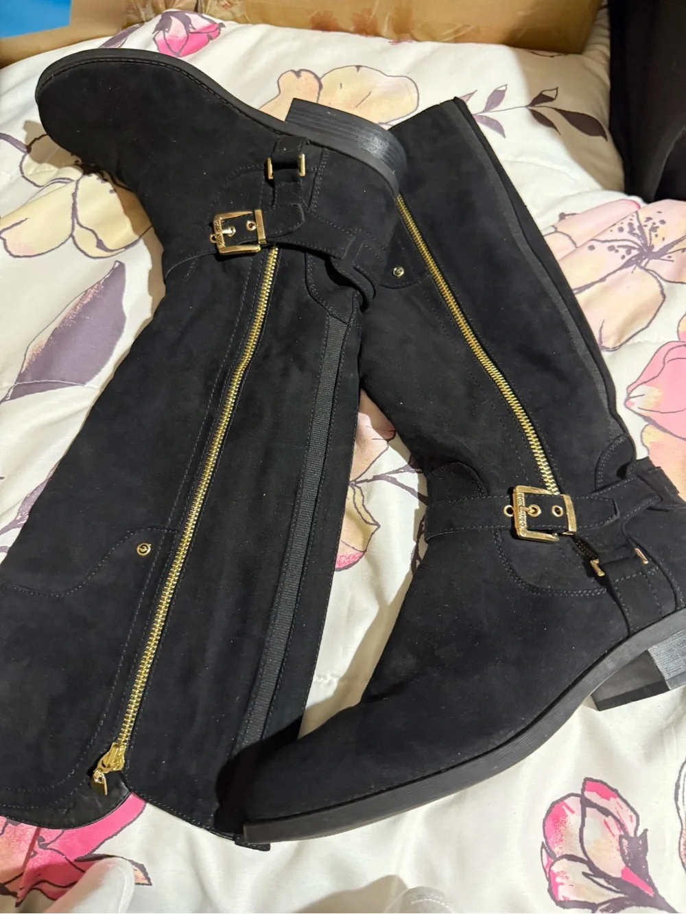 Guess Black Over-the-Knee Suede Boots with Gold Zipper & Buckle